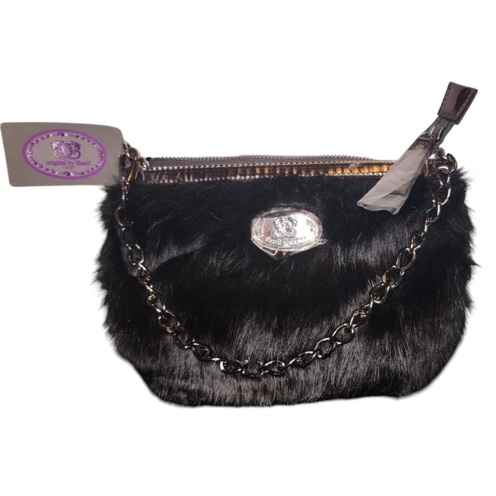 NWT Sharif Black Faux Fur Chain Baguette Evening Party Bag Purse Small